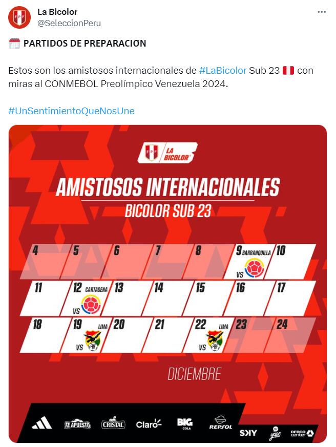 Calendario de amistosos de la Selección Peruana Sub23. (Foto: Twitter)