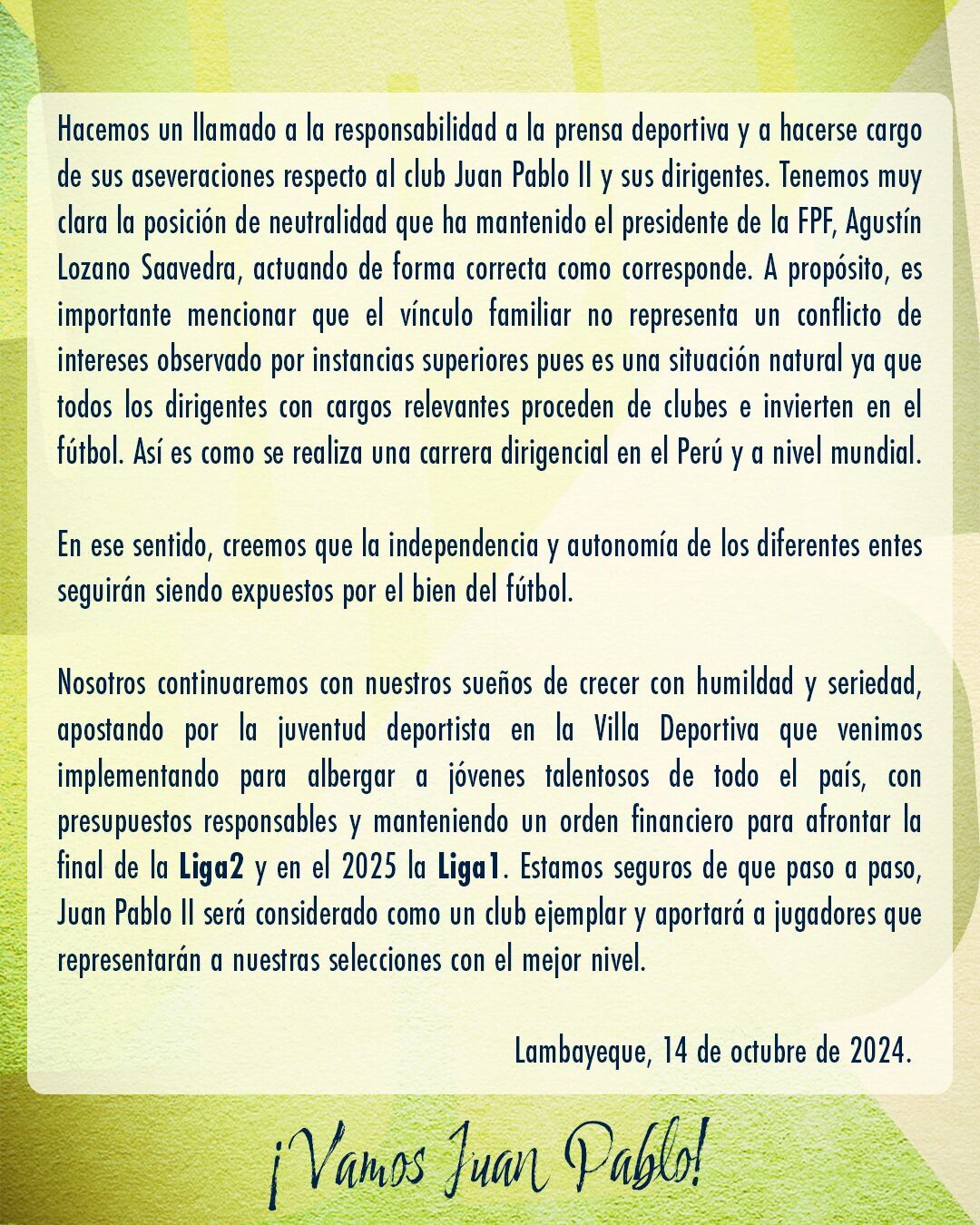 Comunicado de Juan Pablo II tras su ascenso a la Liga 1. (Foto: Juan Pablo II)