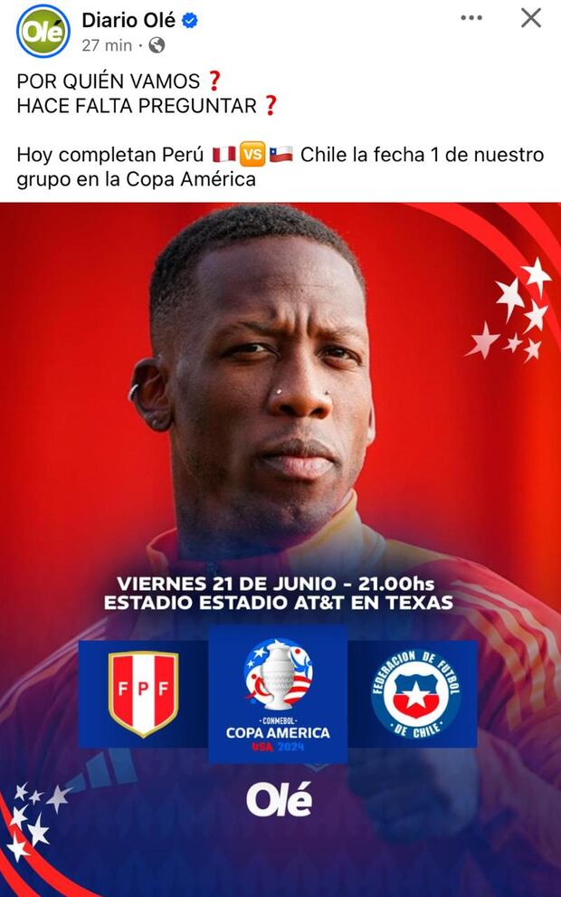 El post del diario Olé sobre el Perú vs Chile.
