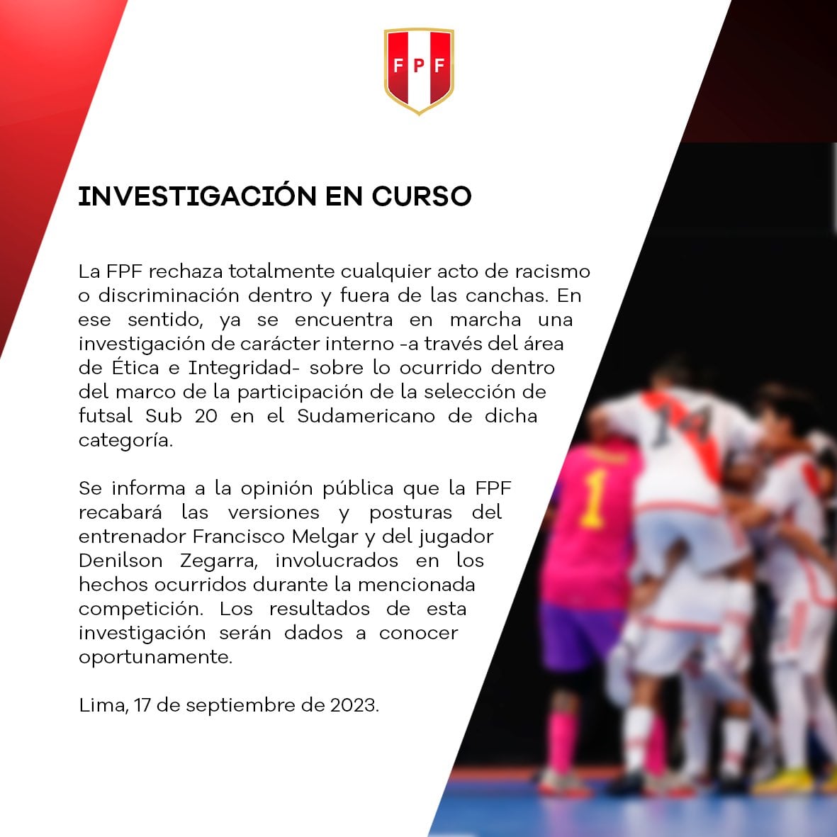 FPF publicó un comunicado respecto al caso de racismo en la selección de futsal Sub 20. (Foto: FPF)