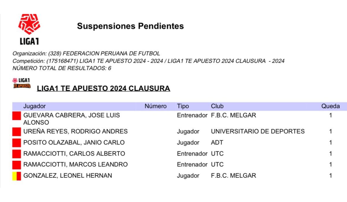 El boletín de sanciones para la fecha 6 del Torneo Clausura 2024. (Foto: Difusión)