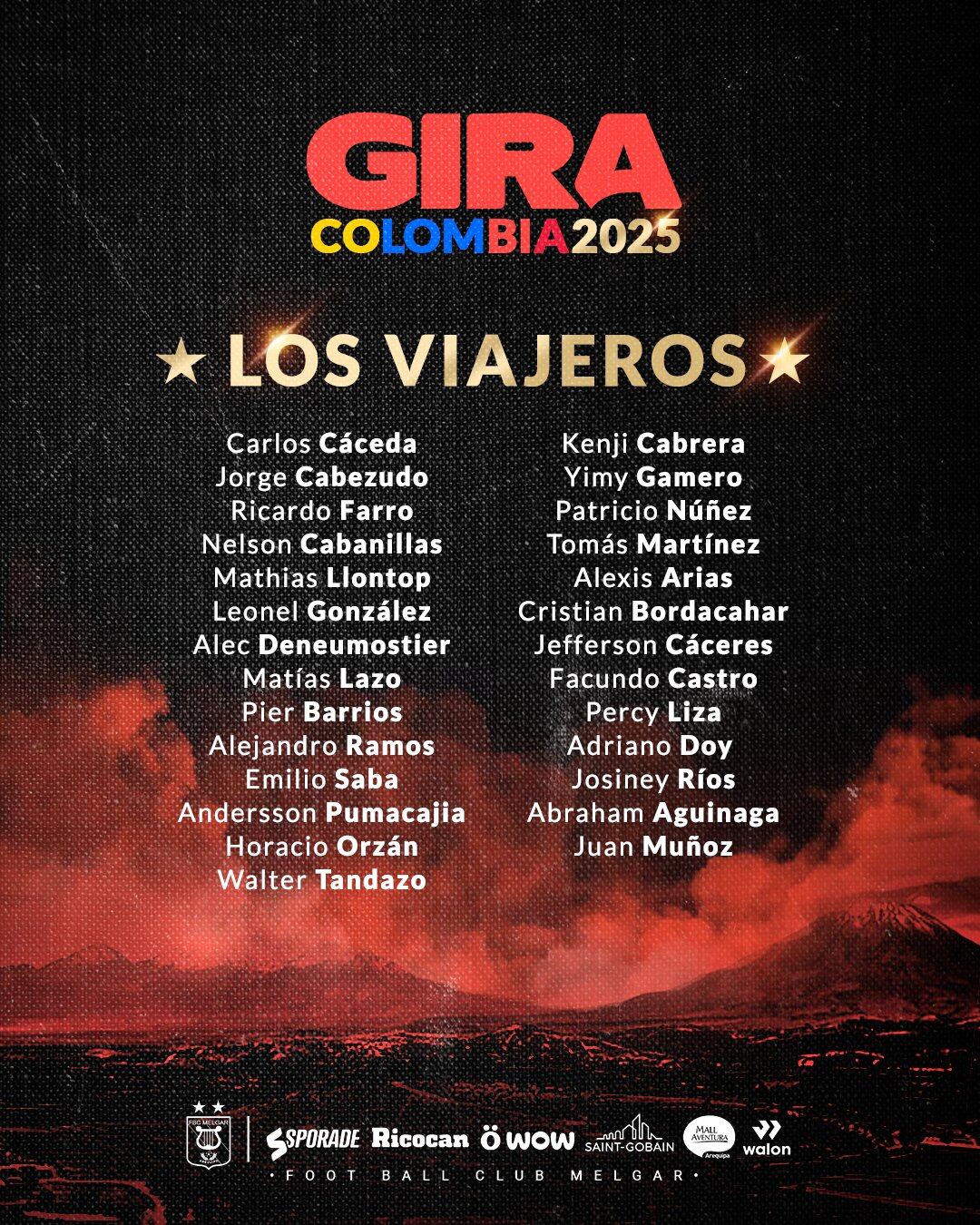 La nómina de FBC Melgar para esta gira por Colombia.