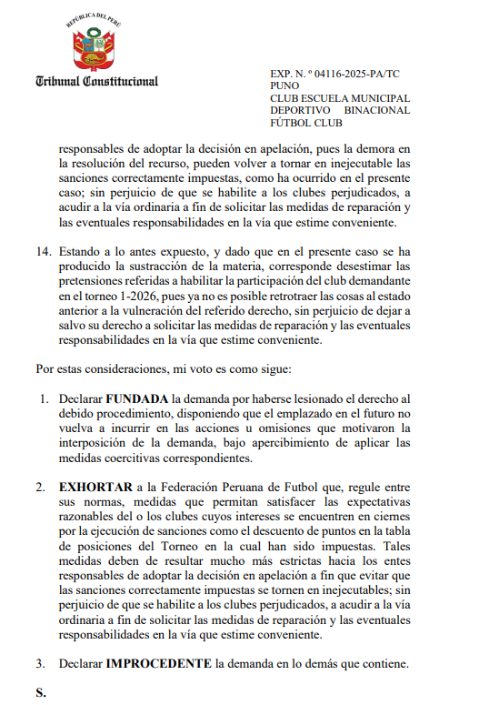Sentencia del Tribunal Constitucional que exhorta a la FPF a reincorporar a Binacional. (Foto: Captura)