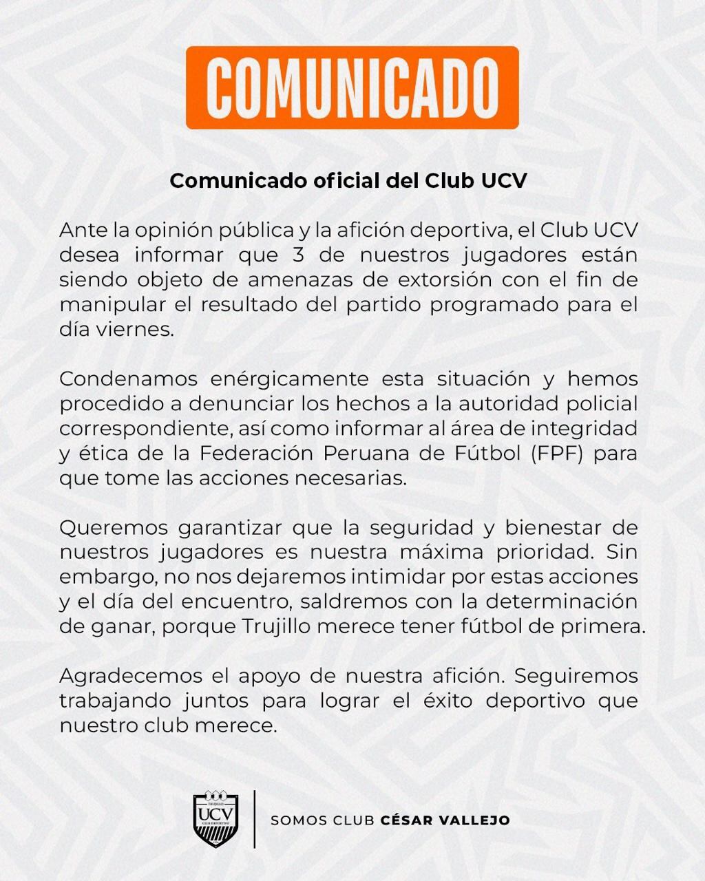 Comunicado de UCV donde denuncia amenazas a tres de sus jugadores. (Foto: UCV)