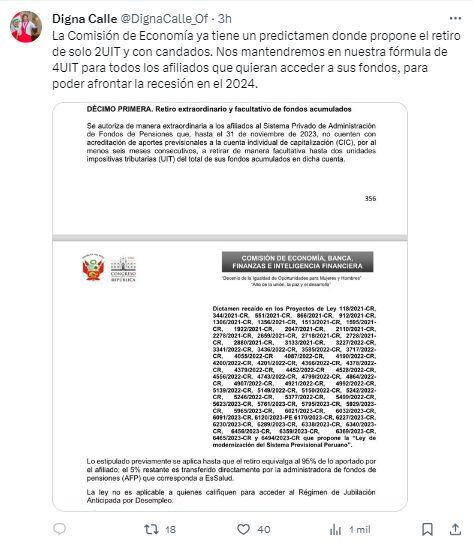 La congresista Digna Calle asegura que el predictamen del proyecto que autoriza un nuevo retiro de la AFP está listo. (Foto: Twitter)