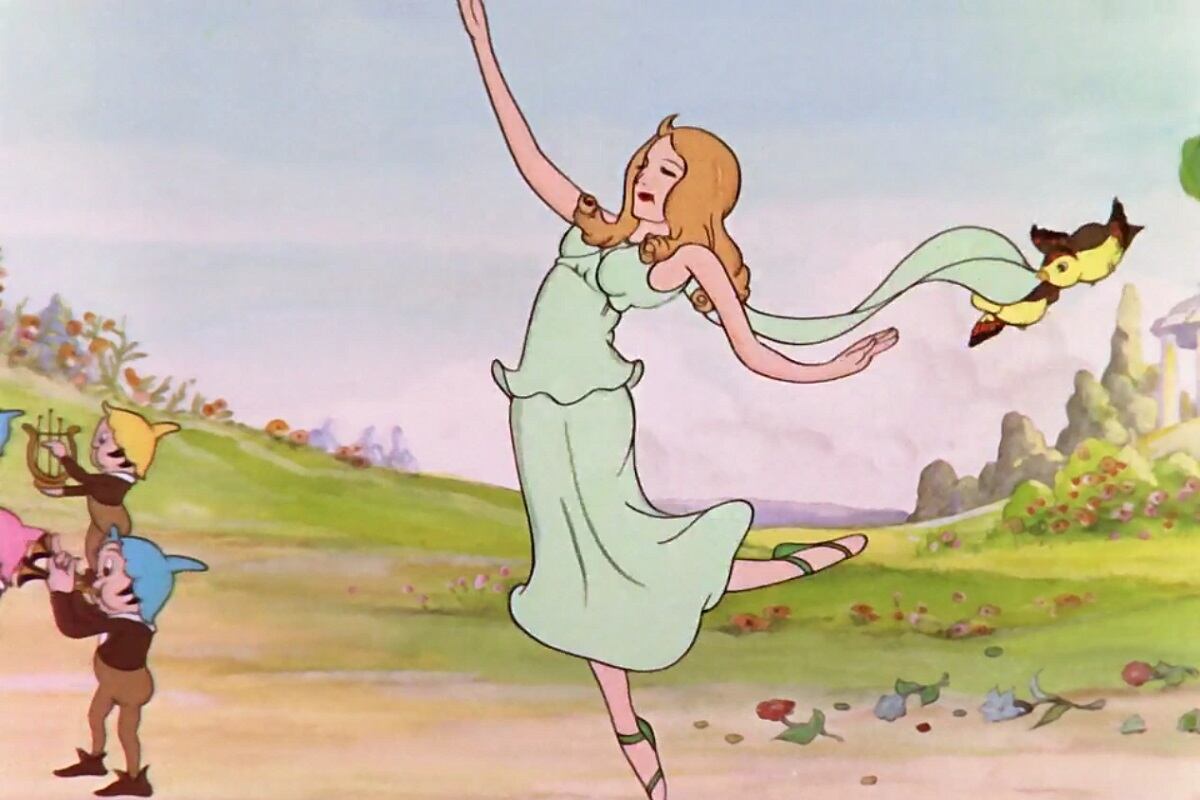 Perséfone cantando y bailando con los animales del bosque en el corto animado “La diosa de la primavera” (Foto: Walt Disney Productions)