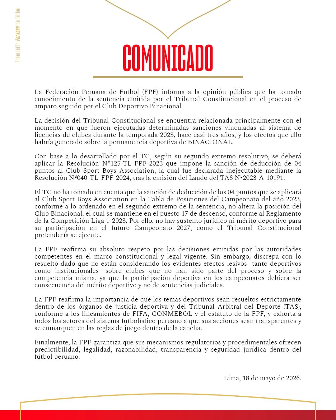 Comunicado de la FPF tras el fallo del TC. (Foto: FPF)