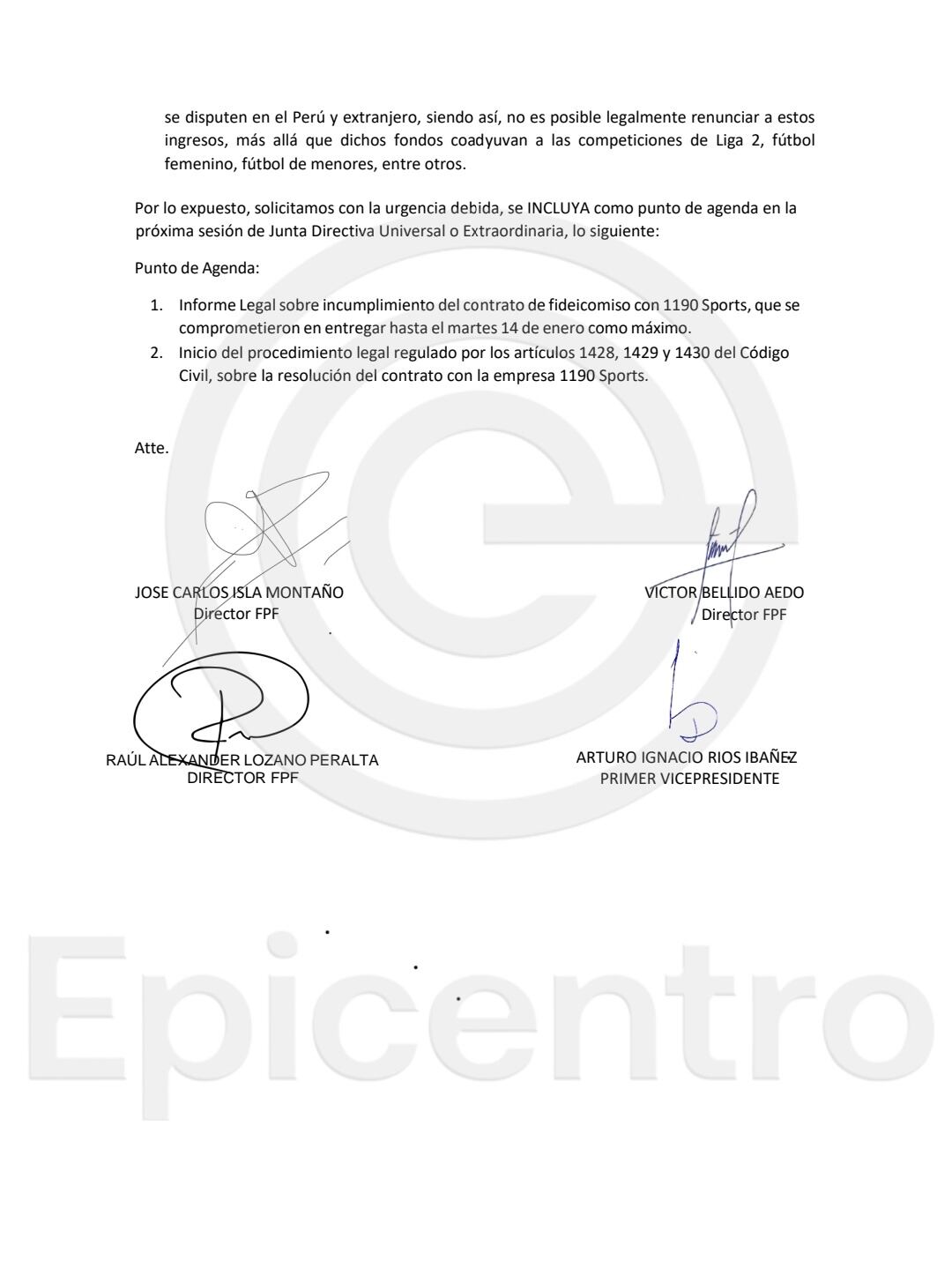 La firma de los cuatro representantes del Directorio de la FPF.