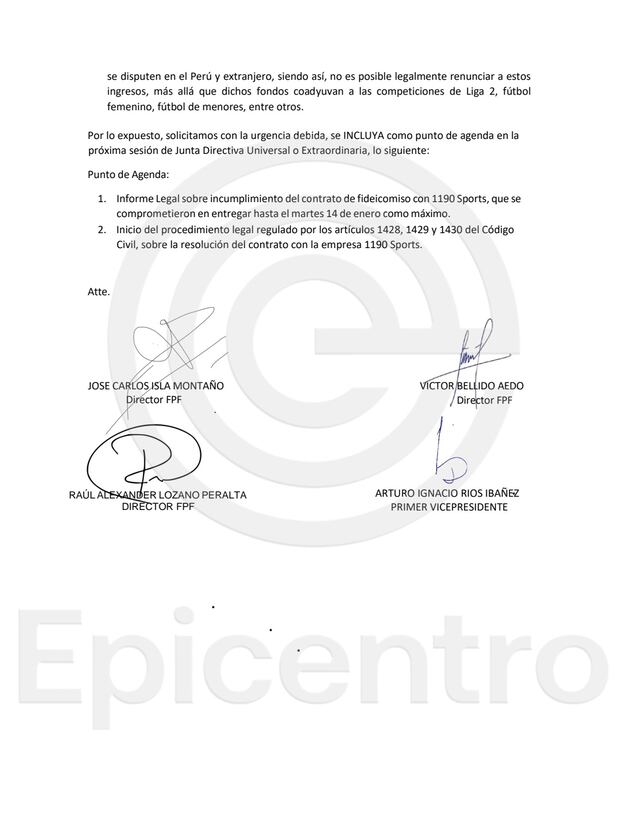 La firma de los cuatro representantes del Directorio de la FPF.