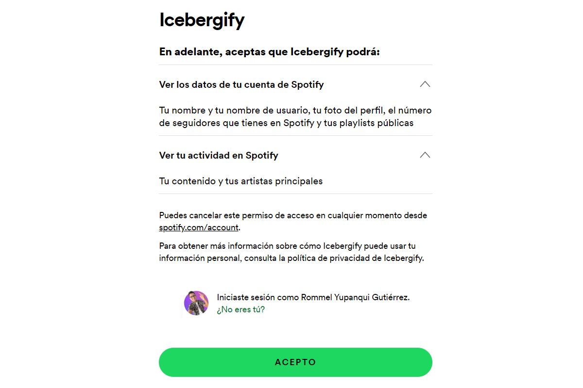 Recuerda dar todos los permisos a Icebergify y loguear tu cuenta de Spotify. (Foto: MAG - Rommel Yupanqui)