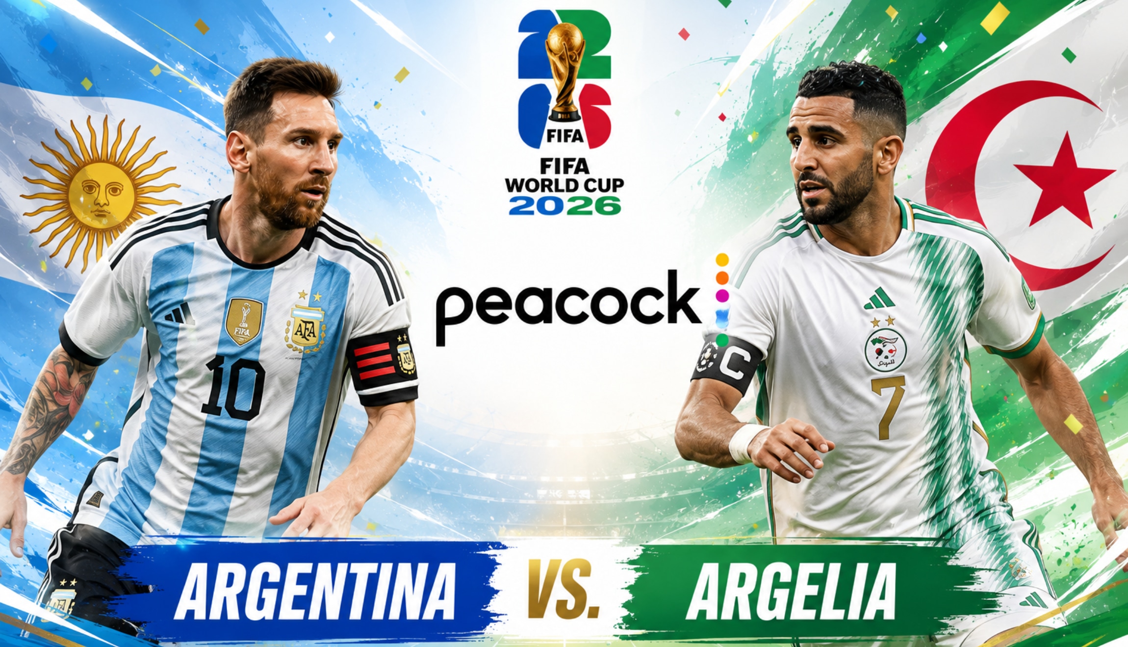 Señal de Peacock TV desde USA para ver la transmisión de Argentina vs. Argelia, este martes 16 de junio, por la Jornada 1 del Grupo J del Mundial de Fútbol 2026. (Foto: Imagen creada por Depor utilizando la IA de Chat GPT)