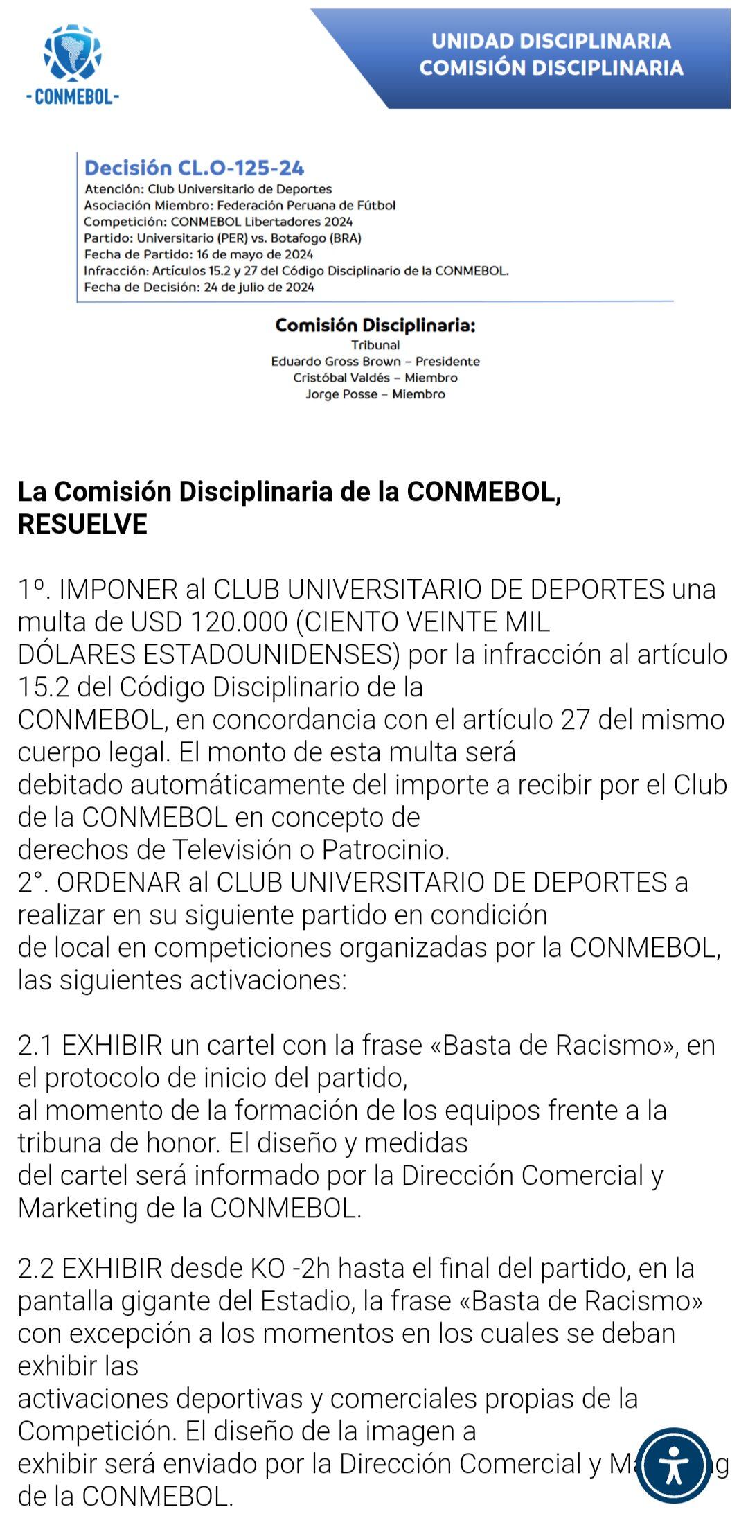 CONMEBOL sancionó a Universitario de Deportes por culpa de sus hinchas. (Foto: CONMEBOL).