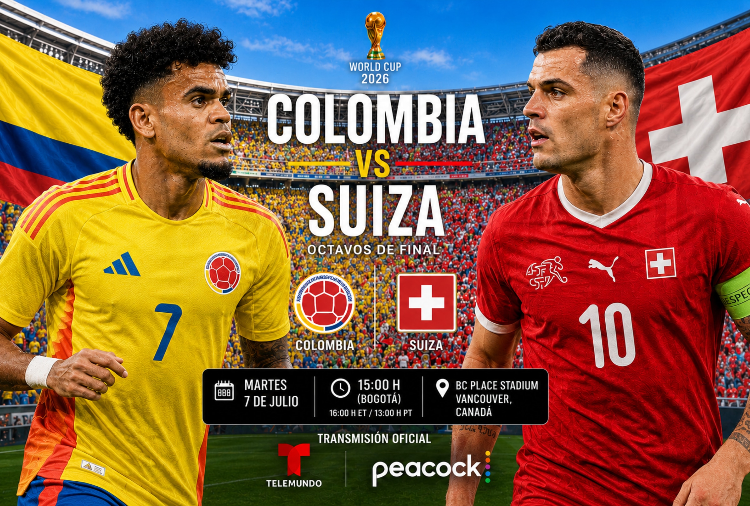 VANCOUVER (CANADÁ), 07/07/2026.- Cobertura oficial de Telemundo Deportes EN VIVO GRATIS para mirar el partido Colombia vs. Suiza hoy por los octavos de final del Mundial 2026 en el Estadio BC Place Vancouver de Vancouver, Canadá. FOTO DE NOÉ YACTAYO