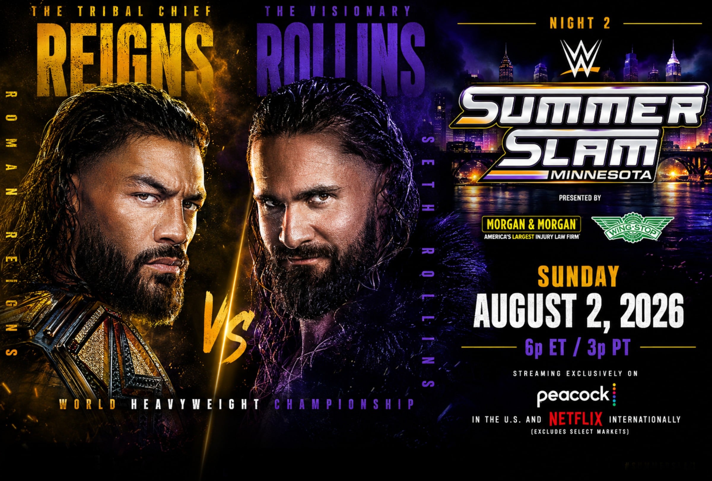MINNEAPOLIS, MINNESOTA, ESTADOS UNIDOS, 2/08/2026. - Horarios y canales para ver WWE SummerSlam 2026 Night 2, que se realizará hoy domingo 2 de agosto en U.S. Bank Stadium de Minneapolis, Minnesota, Estados Unidos. FOTO: Imagen creada por ChatGPT.
