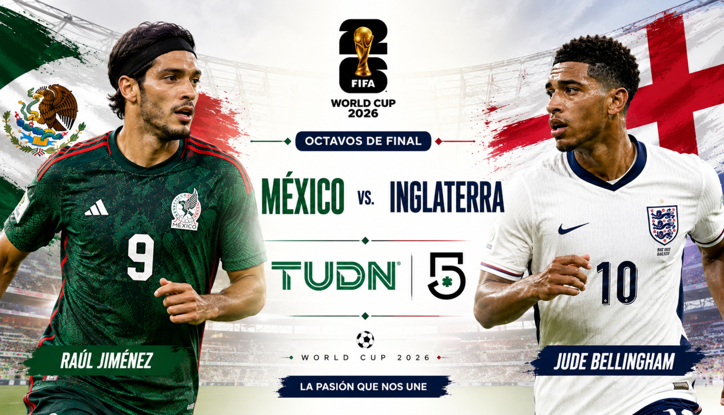 Señal de TUDN y Canal 5 para ver el juego de México vs. Inglaterra en vivo y en directo en señal abierta, este domingo 5 de julio, por octavos de final del Mundial 2026. (Foto: Imagen creada por Depor utilizando la IA de Chat GPT)