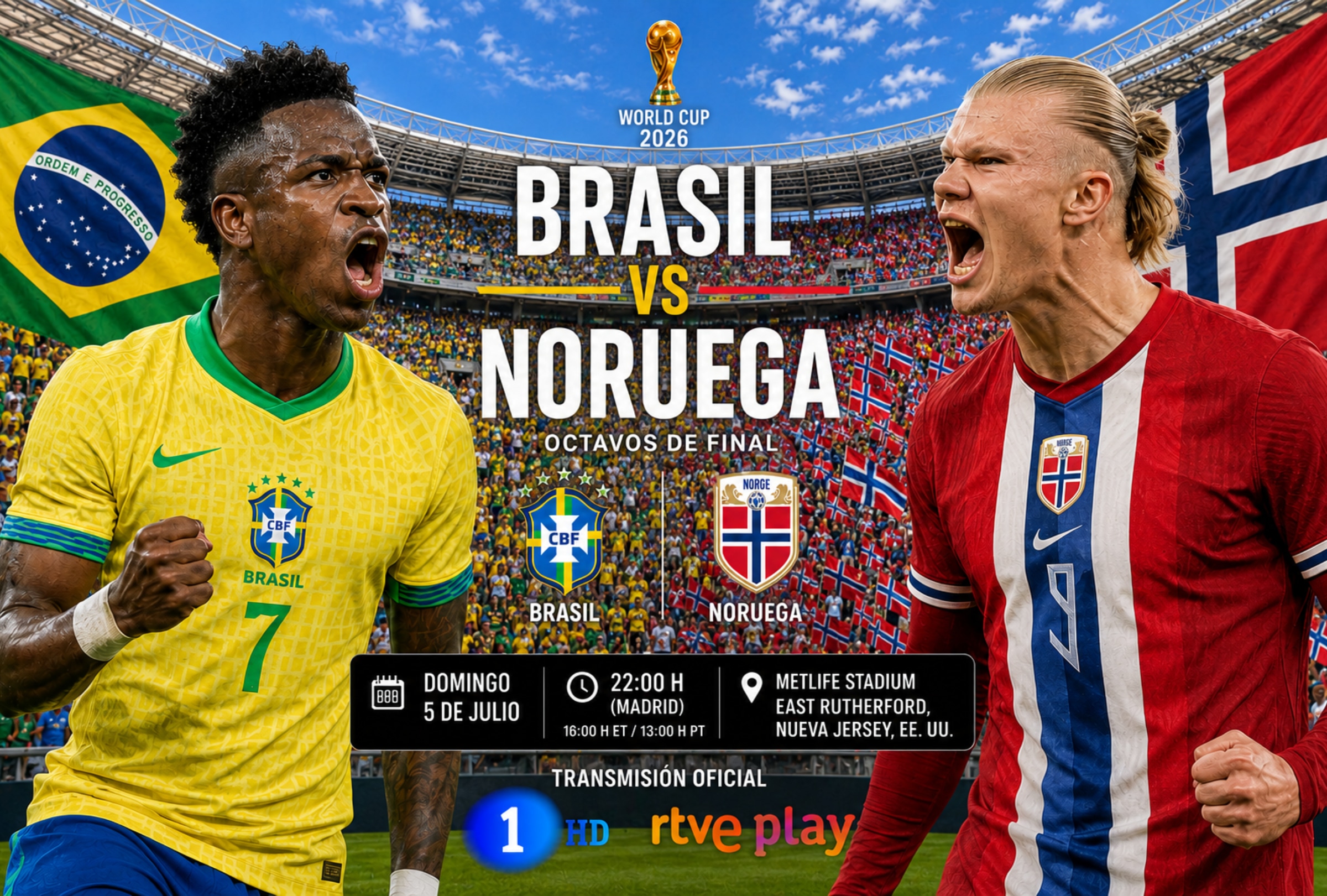 EAST RUTHERFORD, NUEVA JERSEY (ESTADOS UNIDOS), 02/07/2026.- Cobertura oficial de RTVE Play Mundial y Canal La 1 HD EN DIRECTO ONLINE para ver el partido Brasil — Noruega hoy por los octavos de final de la Copa Mundial FIFA 2026 en el MetLife Stadium de East Rutherford, Nueva Jersey. FOTO DE NOÉ YACTAYO