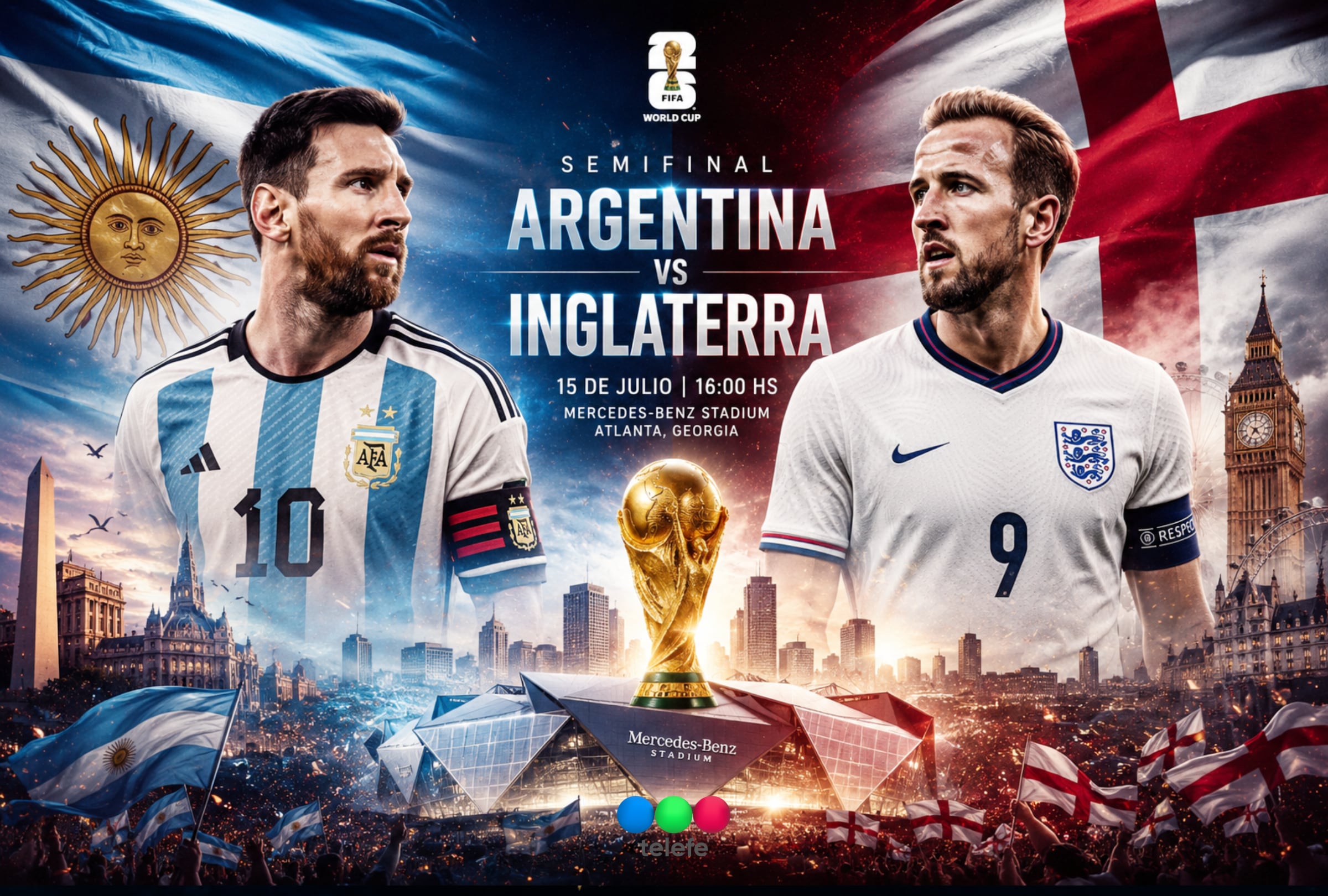 ATLANTA, GEORGIA (ESTADOS UNIDOS), 15/07/2026.- Cobertura oficial de TELEFE EN VIVO GRATIS para ver el partido Argentina vs. Inglaterra hoy por la semifinal del Mundial 2026 en el Mercedes Benz Stadium de Atlanta, Georgia. FOTO DE NOÉ YACTAYO