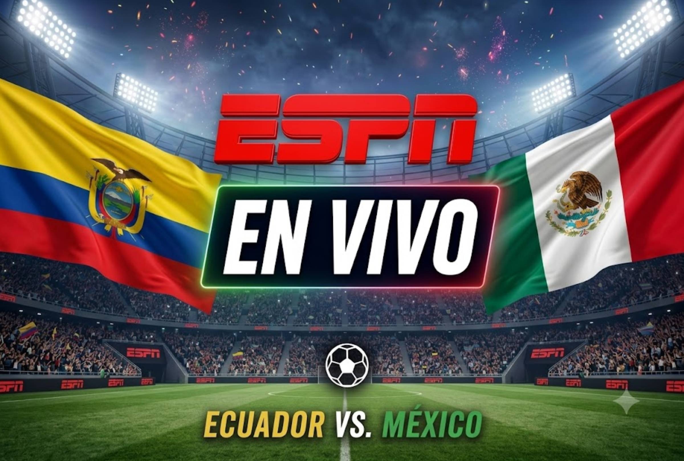 Ciudad de México, (México), 30/06/2026.- ESPN y Disney Plus Premium transmitirán EN VIVO el partido de México vs. Ecuador por los 16avos de final del Mundial 2026 desde el Estadio Ciudad de México. Imagen creada por Gemini.