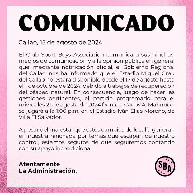 Sport Boys confirmó que ante Carlos A. Mannucci en Villa El Salvador. (Imagen: SBA)