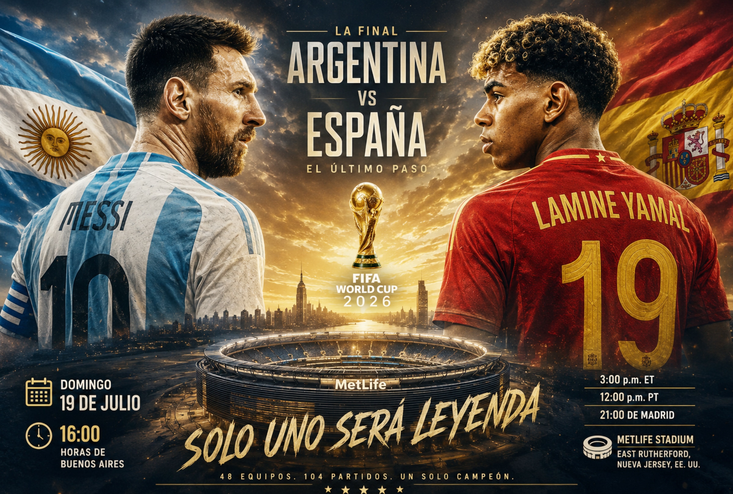 EAST RUTHERFORD, NUEVA JERSEY (ESTADOS UNIDOS), 19/07/2026.- Cobertura oficial de RPC TV (Canal 4) EN VIVO GRATIS para ver el partido Argentina vs. España hoy por la gran final del Mundial 2026 en el MetLife Stadium de East Rutherford, Nueva Jersey. FOTO DE NOÉ YACTAYO