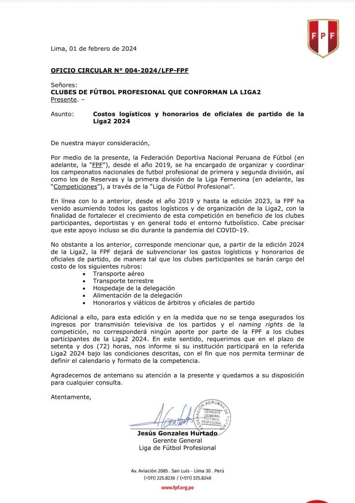 Este es el comunicado que la FPF le hizo llegar a los 18 clubes de la Liga 2. (Imagen: Difusión)