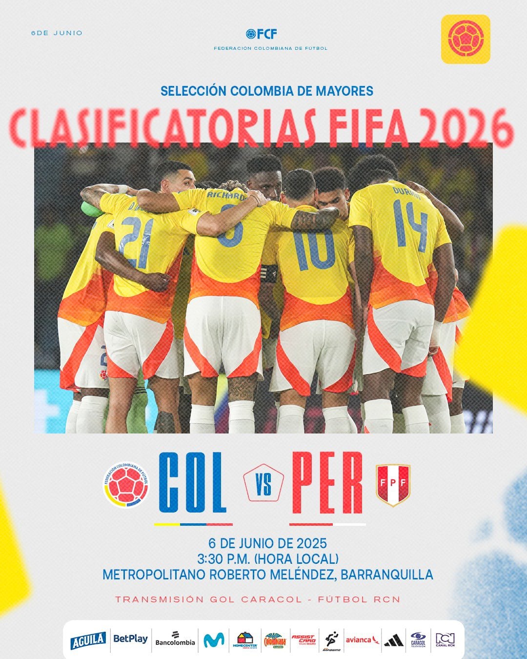 Perú visitará a Colombia en el marco de la decimoquinta jornada de las Eliminatorias rumbo al Mundial 2026 (Foto: @FCFSeleccionCol).