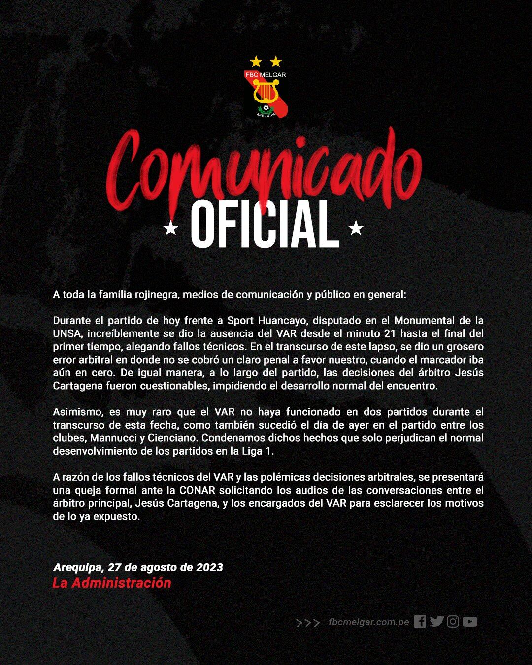 Comunicado de Melgar, tras ausencia de VAR en duelo contra Sport Huancayo. (Foto: @MelgarOficial)