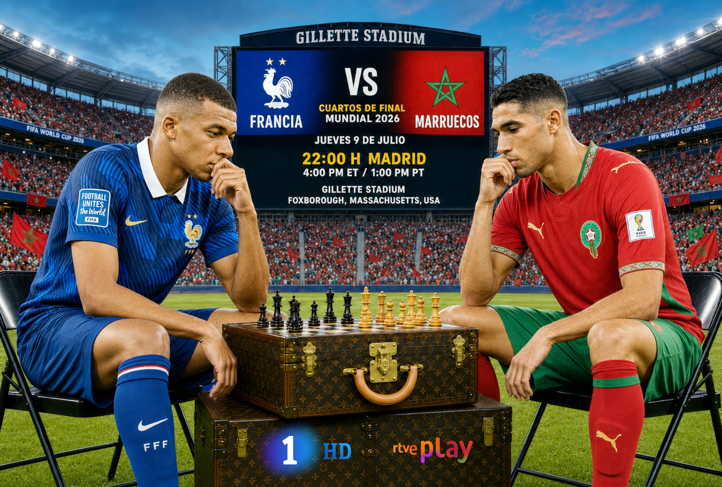 FOXBOROUGHT, MASSCHUSETTS (ESTADOS UNIDOS), 09/07/2026.- Cobertura oficial de RTVE Play Mundial y Canal La 1 HD de TVE EN DIRECTO ONLINE para ver el partido Francia vs. Marruecos hoy por los cuartos de final del Mundial 2026 en el Gillette Stadium de Foxborough, Massachusetts. FOTO DE NOÉ YACTAYO