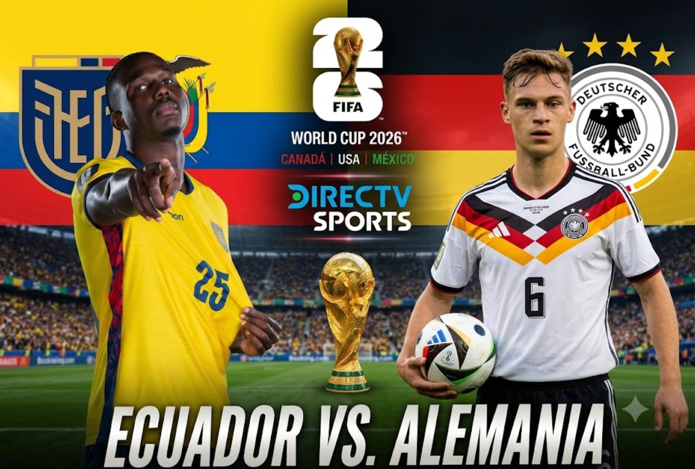 Nueva York (ESTADOS UNIDOS), 25/06/2026.- DirecTV Sports transmitirá EN VIVO y EN DIRECTO el partido de Ecuador vs. Alemania por la última fecha de la fase de grupos del Mundial 2026 en Nueva York, Estados Unidos. FOTO creada por Gemini.