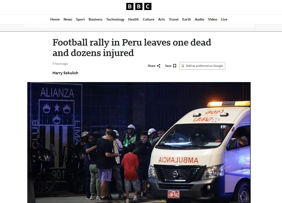 BBC reportó la tragedia en el Estadio Alejandro Villanueva. (Imagen: BBC)