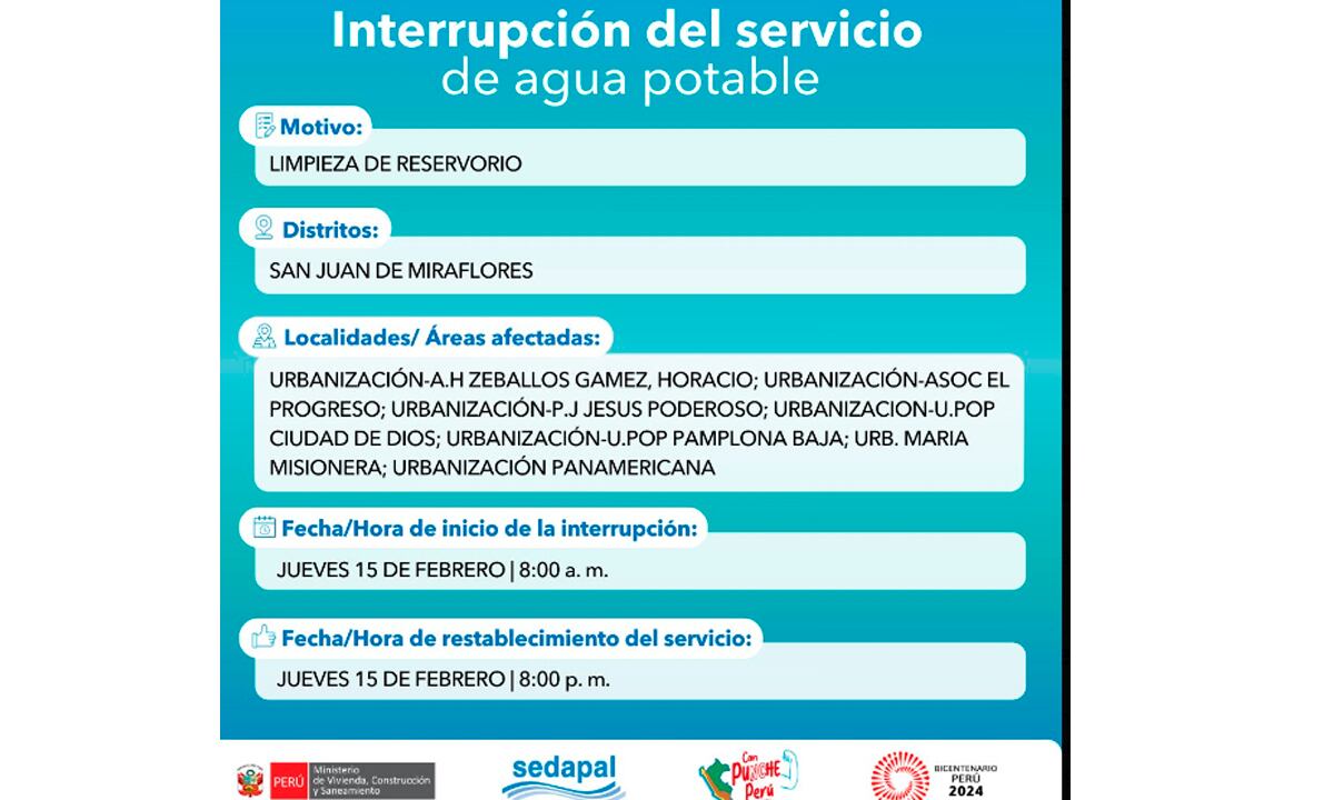 Sedapal informó qué distritos no tendrán agua este jueves 15 de febrero. (Foto: Twitter)