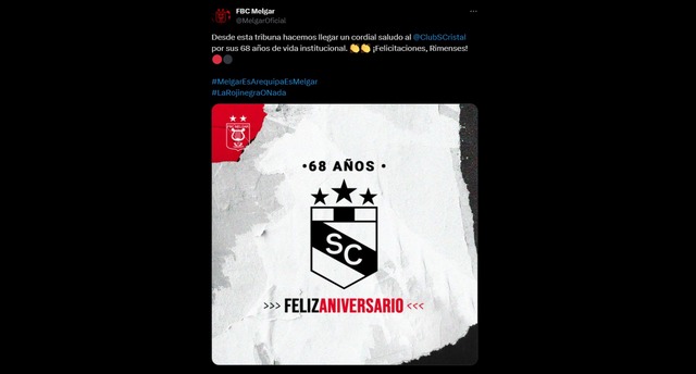 Melgar saludó a Sporting Cristal por su aniversario. (Foto: Twitter)