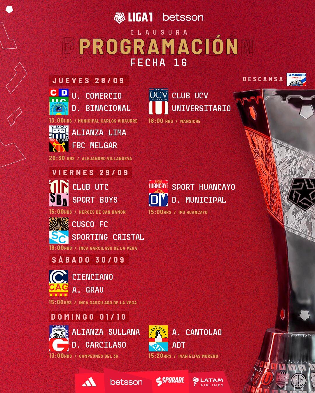 La Liga 1 Betsson publicó la programación de la fecha 16 del Torneo Clausura. (Foto: Liga 1)