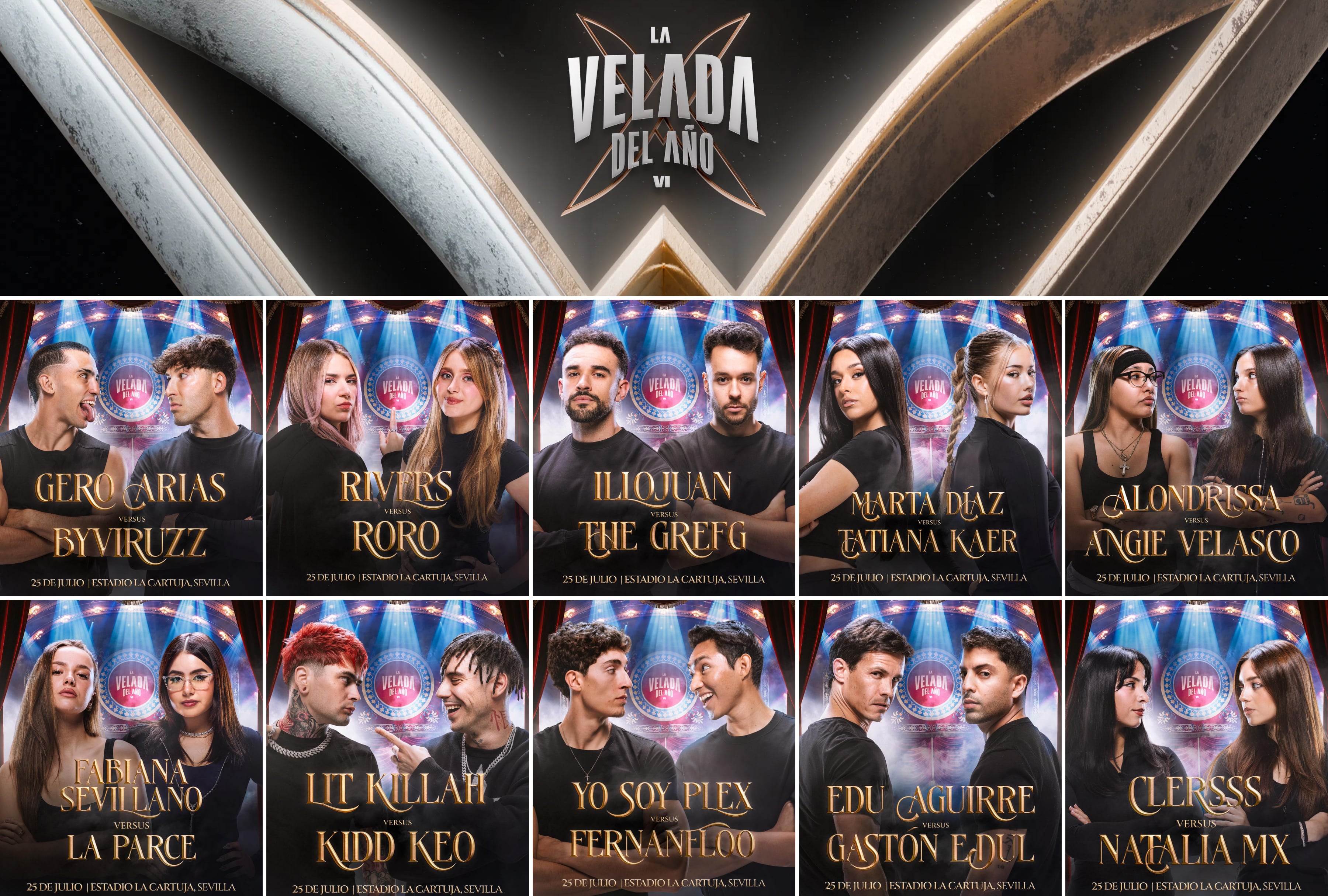 Los creadores de contenido posan durante el pesaje previo a La Velada del Año VI. Conozca la cartelera completa con el orden oficial de los combates confirmados para esta edición. | Crédito: infolavelada.com / Composición Mag