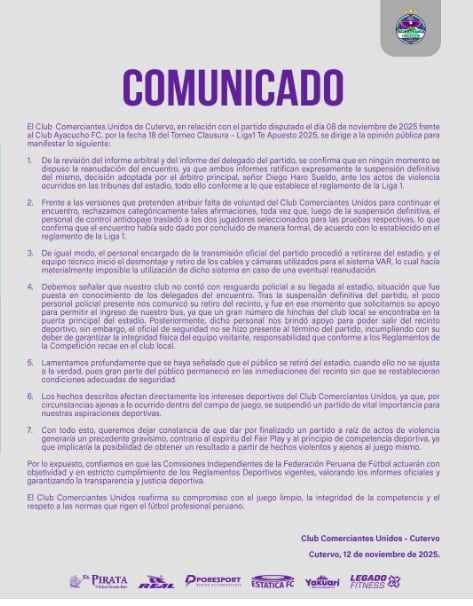Comunicado de Comerciantes Unidos tras el partido suspendido contra Ayacucho FC | FOTO: Comerciantes Unidos
