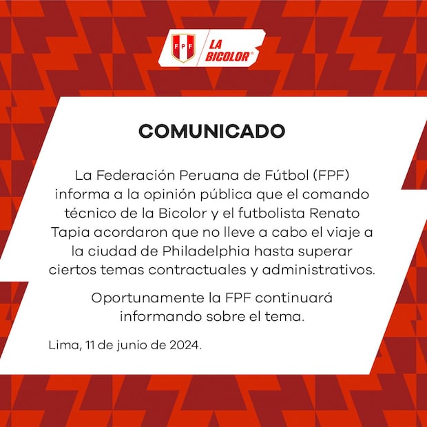 El comunicado  de la FPF sobre el caso de Renato Tapia.