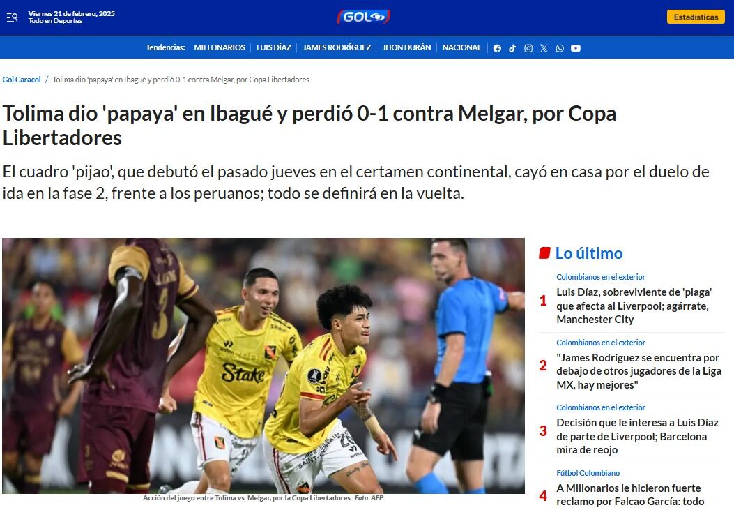 Así fue la portada de Gol Caracol con respecto al partido de Melgar vs. Tolima.
