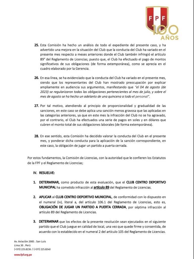 La resolución emitida por la Comisión de Licencias de la FPF. (Foto: FPF)