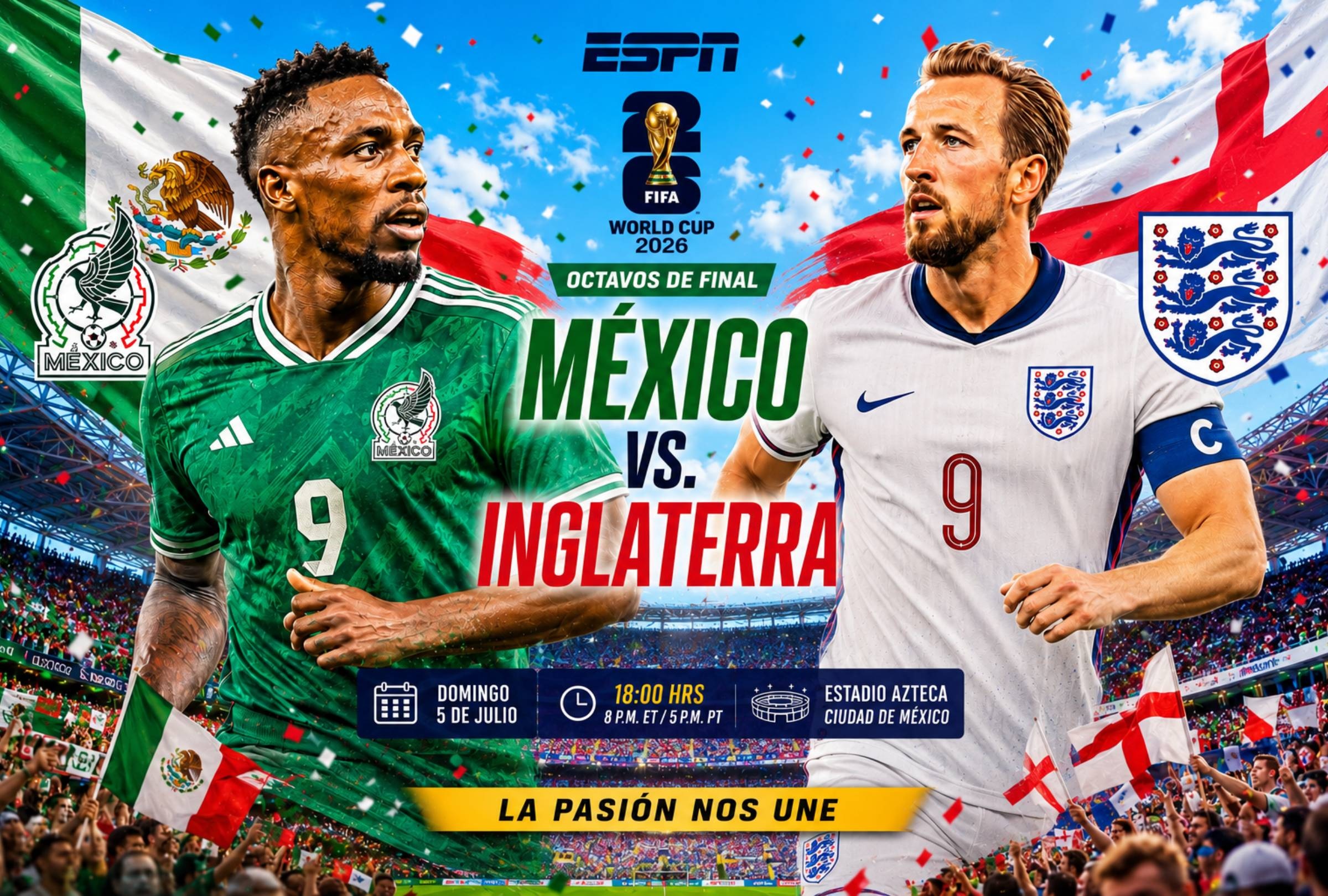 Ciudad de México, (México), 5/07/2026. ESPN y Disney Plus te llevarán EN VIVO el partido México vs. Inglaterra hoy por los octavos de final del Mundial 2026 desde el Estadio Azteca, de la Ciudad de México, México. Imagen creada por Gemini.