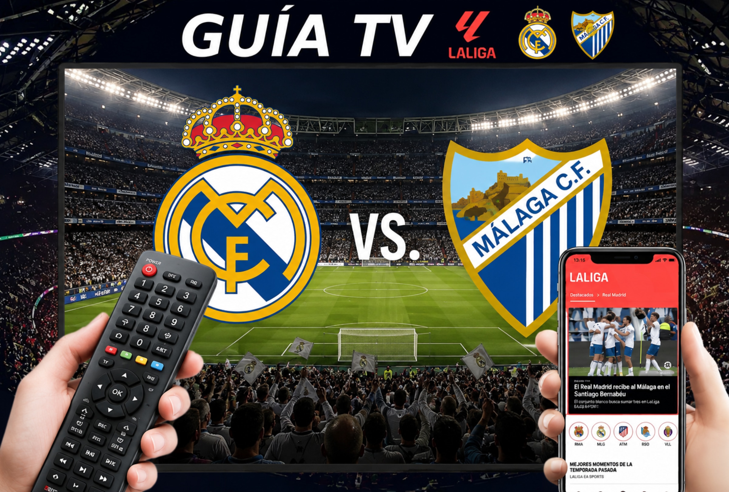 MADRID (ESPAÑA), 30/08/2026.- Lista de horarios y canales de televisión para ver el partido Real Madrid vs. Málaga EN VIVO ONLINE ENDIRECTO hoy por la Jornada 3 de LaLiga EA Sports 2026-27 en el Estadio Santiago Bernabéu de Madrid, España. FOTO DE NOÉ YACTAYO CON IMÁGENES DE LALIGA EA SPORTS