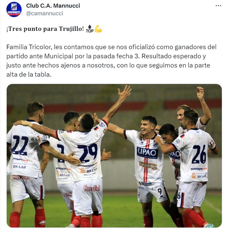 Mannucci informó que obtuvo los 3 puntos del partido ante Municipal. (Foto: Mannucci)