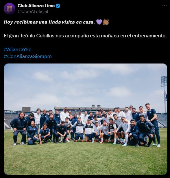 Publicación de Alianza Lima en 'X' por la visita de Teófilo Cubillas. (Captura)