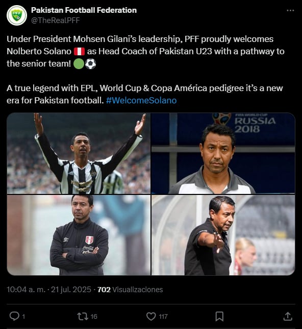 Pakistan hace oficial la llegada de Nolberto Solano | Foto: X de Pakistan