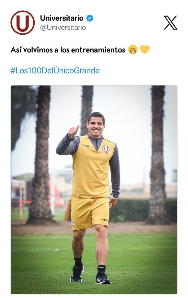 La publicación de Universitario tras volver a los entrenamientos. (Twitter)