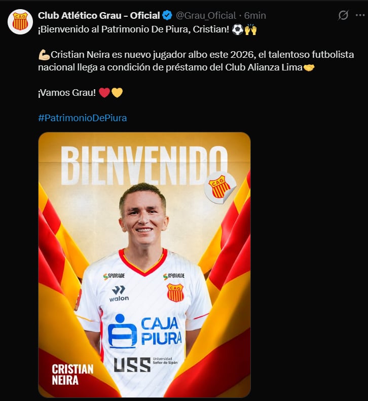 Atlético Grau confirmó la llegada de Cristian Neira al club de Piura. (Foto: Captura X)