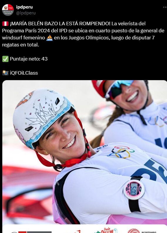 María Belén Bazo se mantiene en cuarto lugar al cierre de su competencia el día de hoy