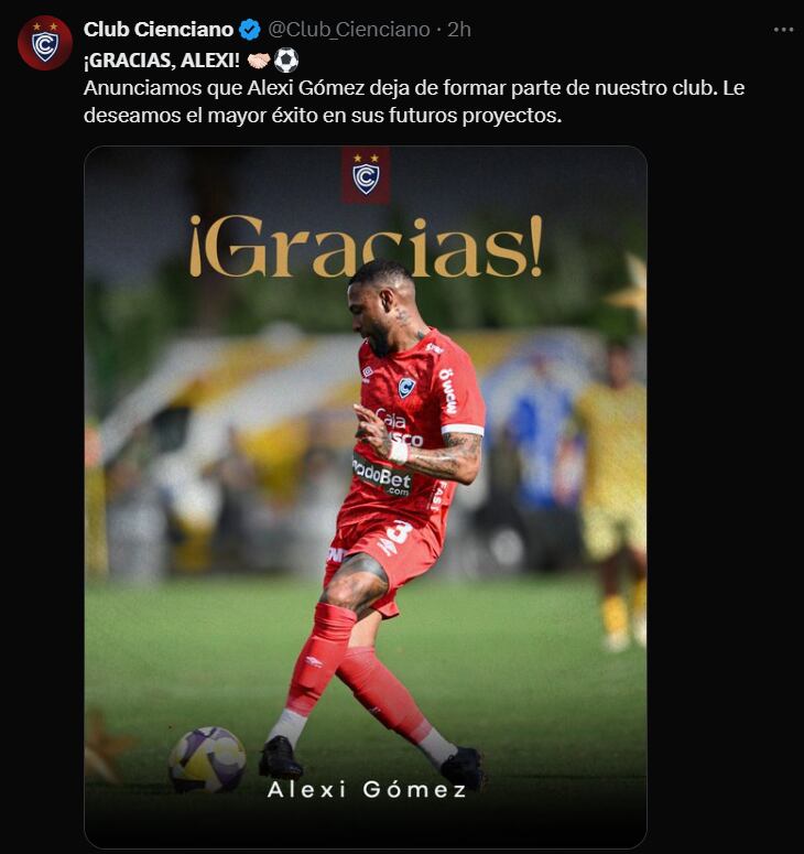 Cienciano confirmó la salida de Alexi Gómez de su equipo. (Foto: Captura X)