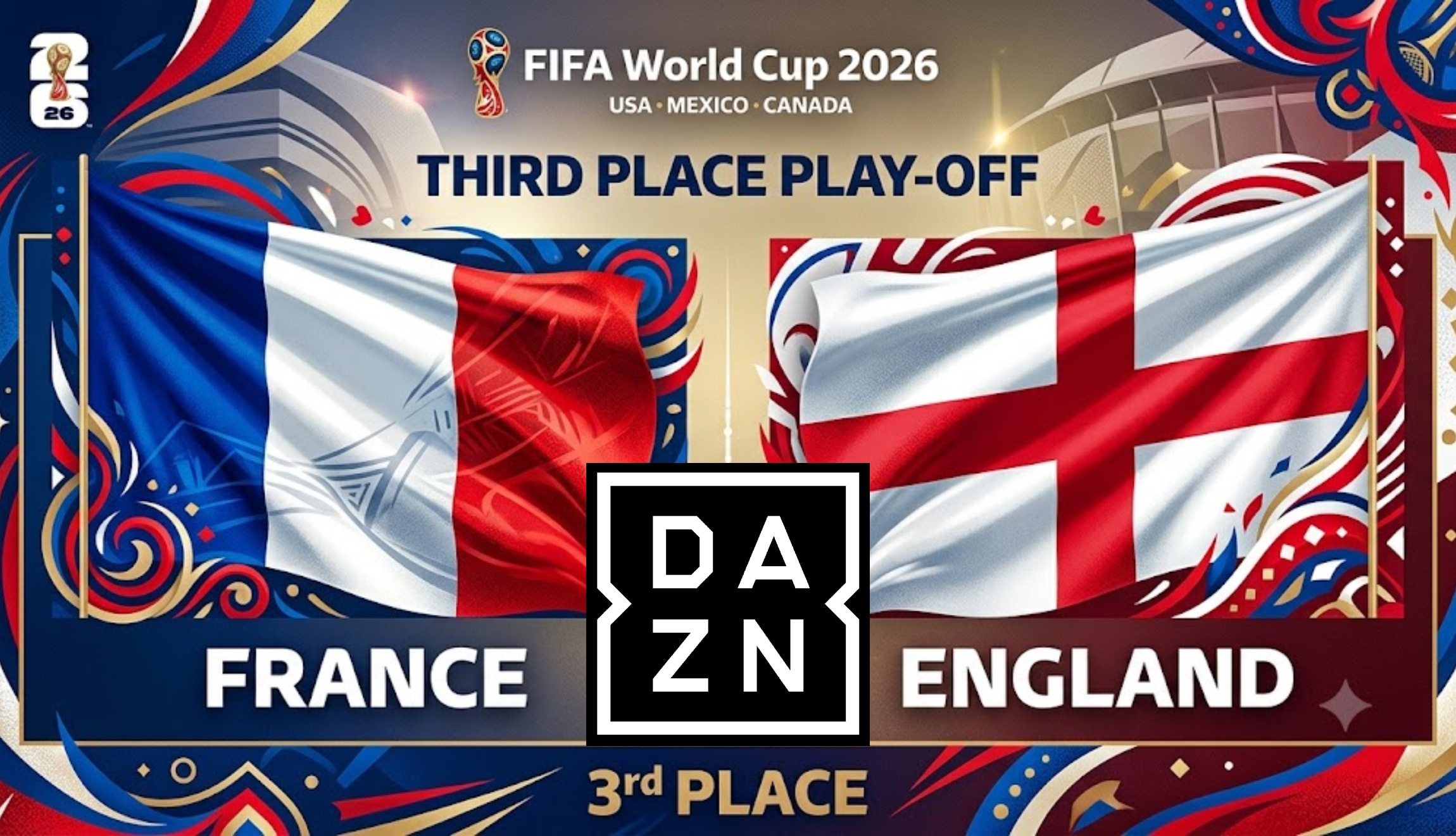 Señal de DAZN Mundial EN DIRECTO para ver Francia vs. Inglaterra por el tercer puesto del Mundial 2026, este sábado 18 de julio desde el Hard Rock Stadium de Miami. (Foto: Imagen creada por Depor utilizando la IA de Chat GPT)