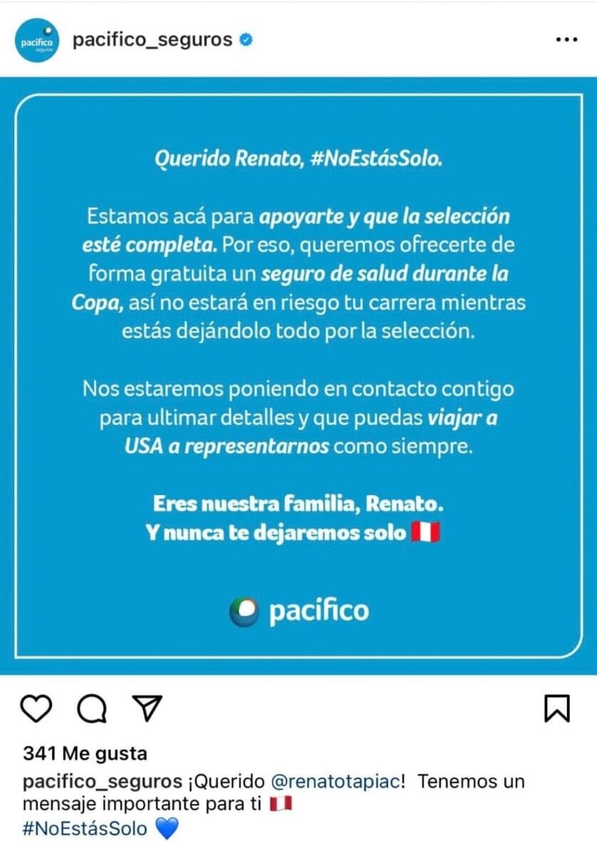 Pacífico Seguros envió un comunicado solidarizándose con Renato Tapia. (Foto: Captura).