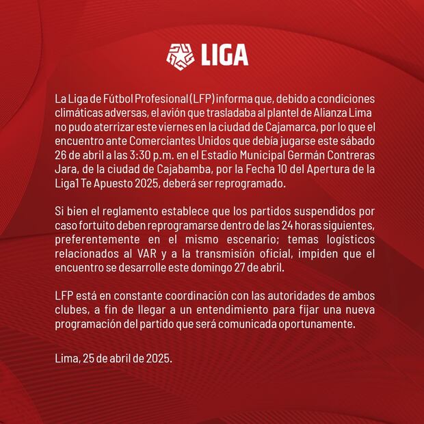 Liga 1 se pronunció sobre el partido de Comerciantes Unidos vs. Alianza Lima. (Foto: Liga 1)